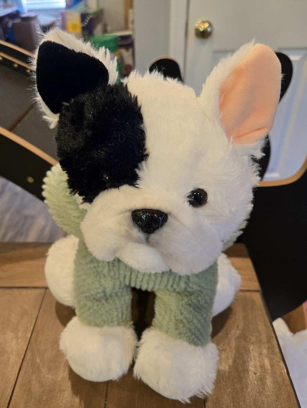 Kawaii Plush Puppy in Green Frog Hoodie Cute White & Black Face - Picture 6 of 6
